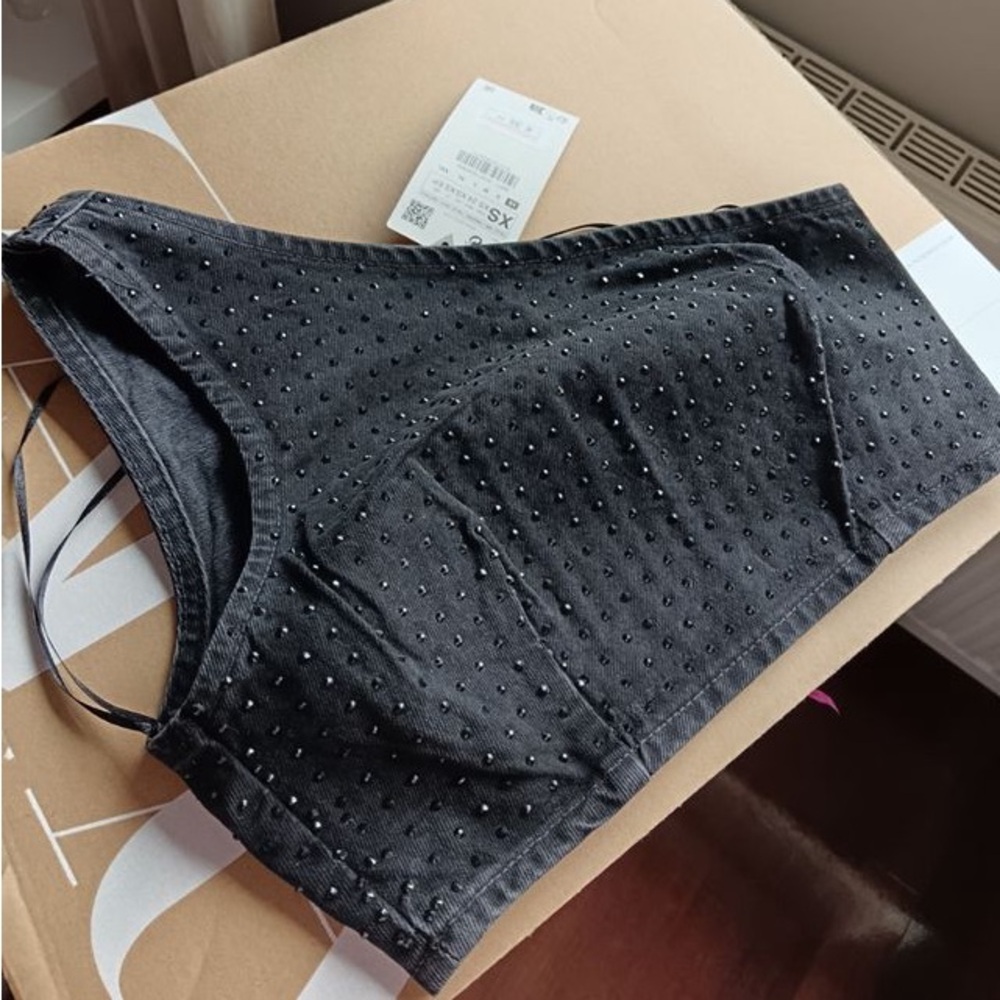 NWT- ZARA RHINESTONE ASYMMETRICAL BLACK DENIM CROP TOP